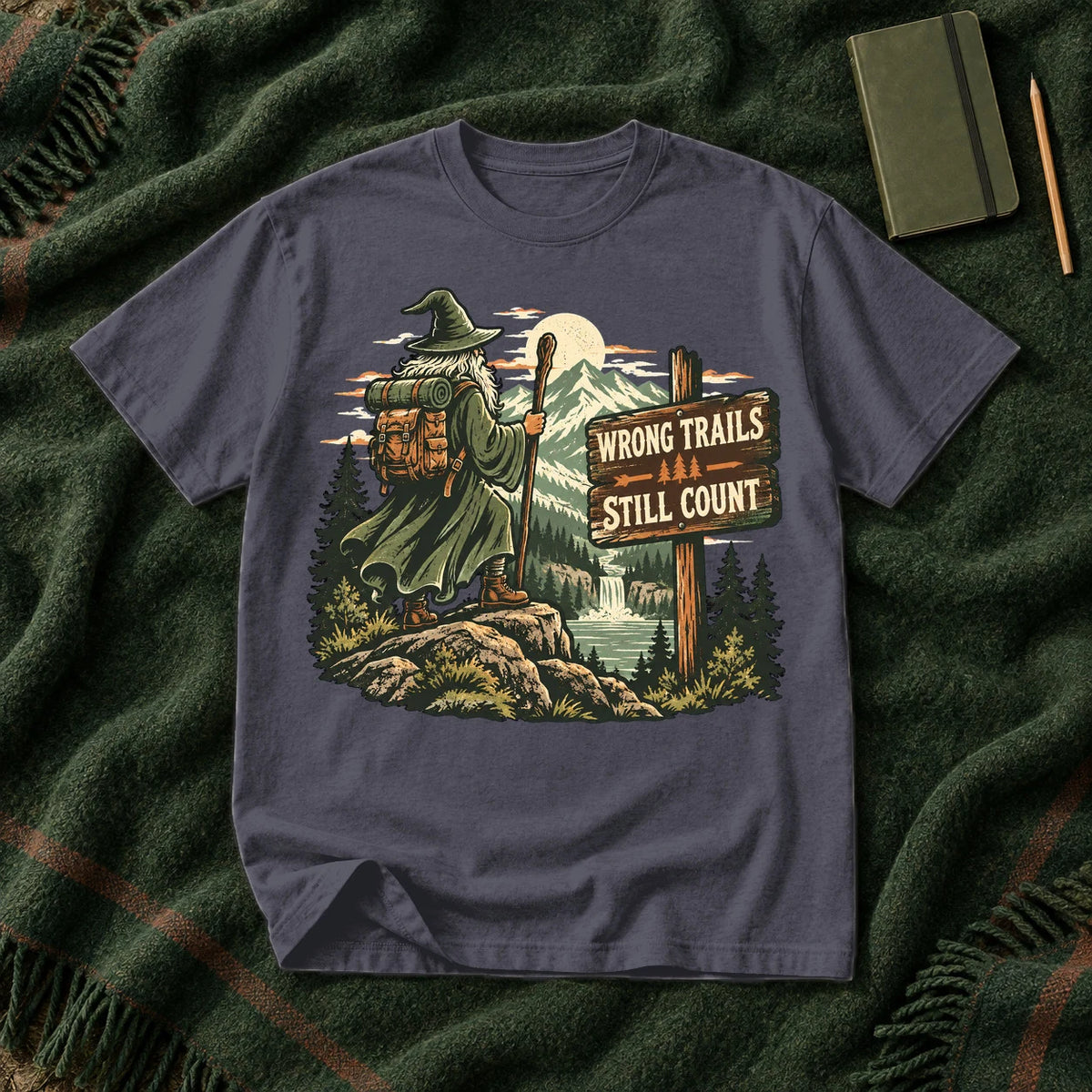 Wrong Trails Still Count Wizard Graphic Tee on Navy Premium Tee