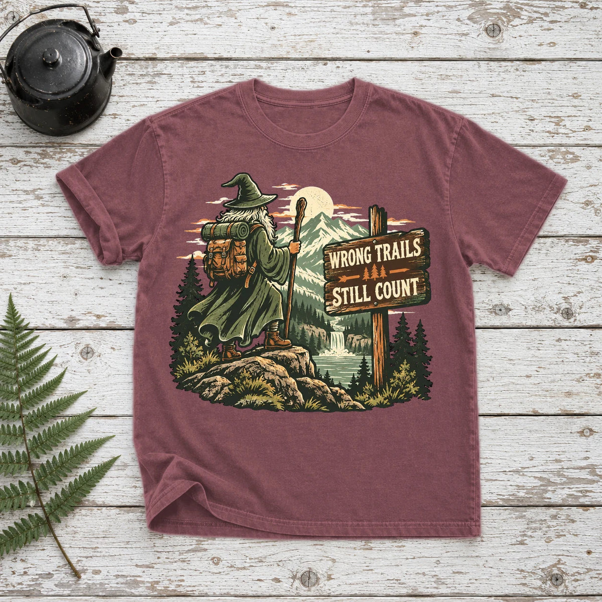 Wrong Trails Still Count Wizard Graphic Tee on Brick Premium Tee