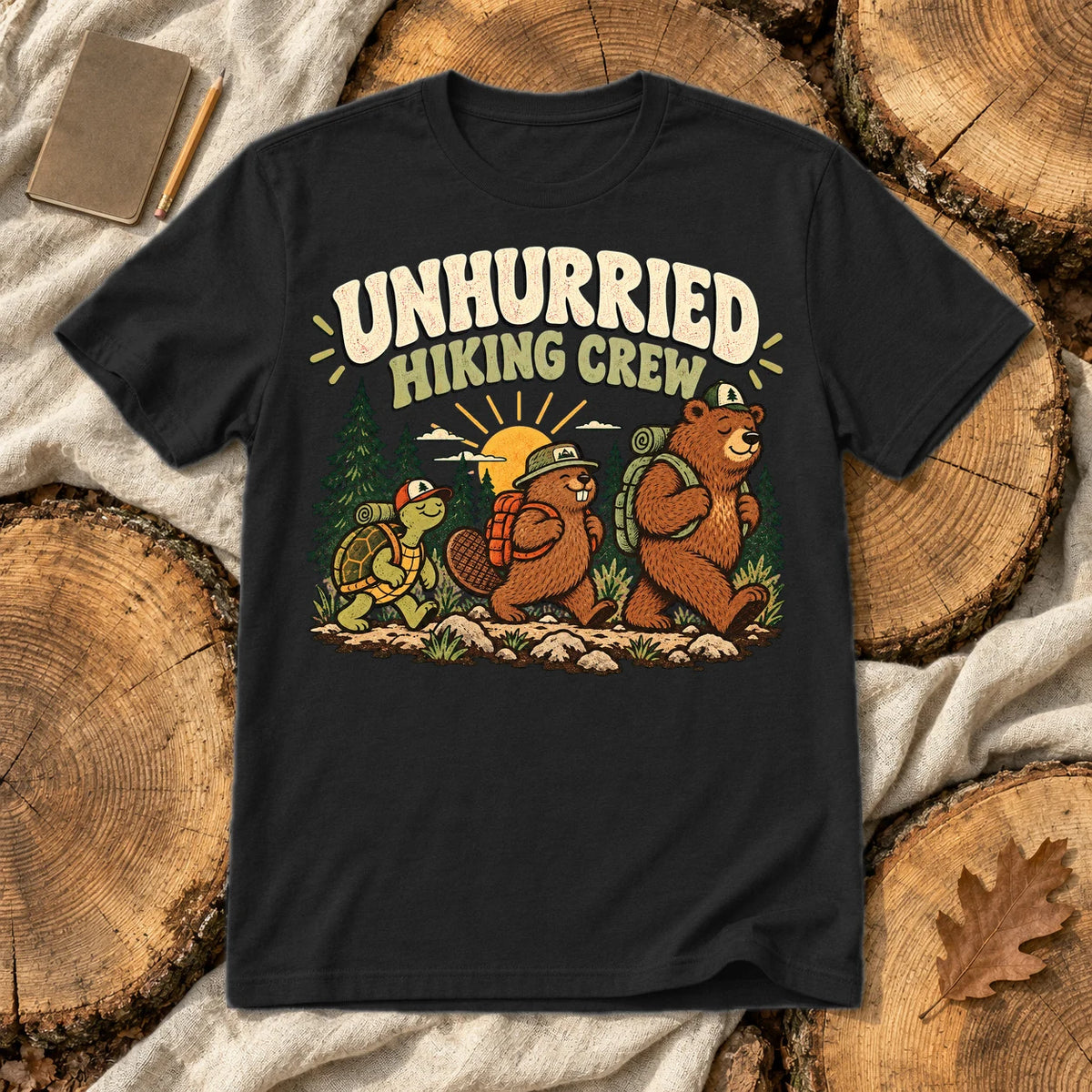 Unhurried Hiking Crew Graphic Tee on Black Everyday Soft Tee