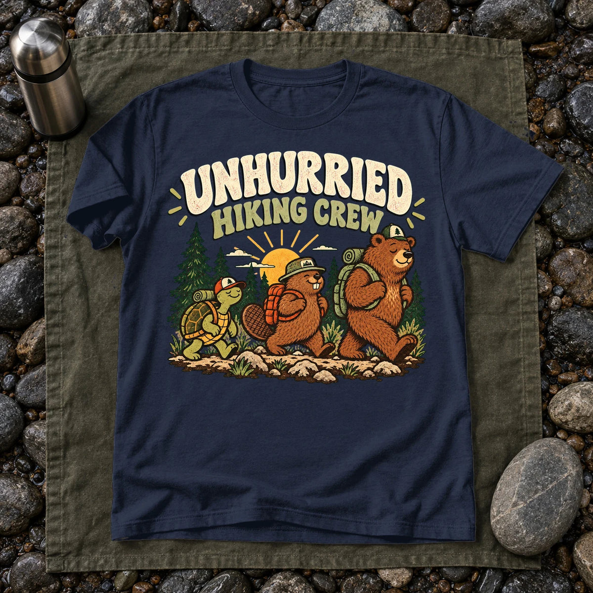 Unhurried Hiking Crew Graphic Tee on Navy Everyday Soft Tee