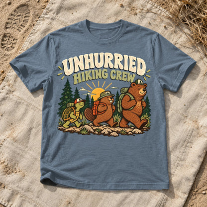 Unhurried Hiking Crew Graphic Tee on Heather Indigo Everyday Soft Tee
