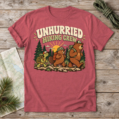 Unhurried Hiking Crew Graphic Tee on Heather Red Everyday Soft Tee