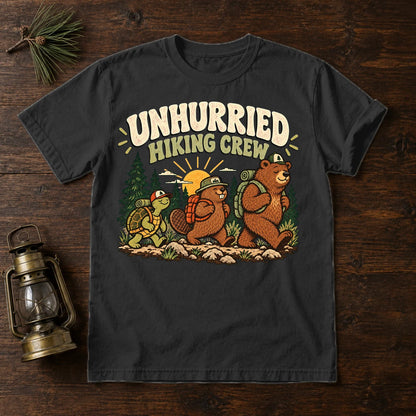 Unhurried Hiking Crew Graphic Tee on Black Premium Tee