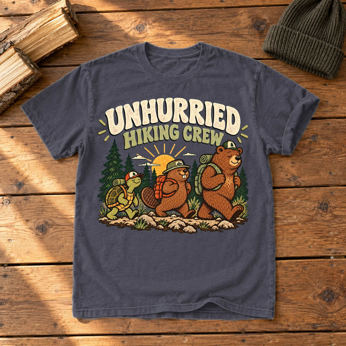Unhurried Hiking Crew Graphic Tee on Navy Premium Tee