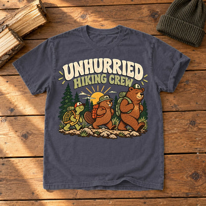 Unhurried Hiking Crew Graphic Tee on Navy Premium Tee