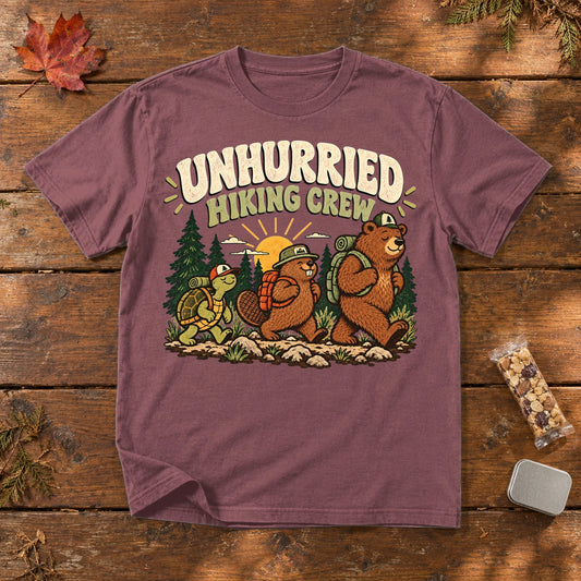 Unhurried Hiking Crew Graphic Tee on Brick Premium Tee