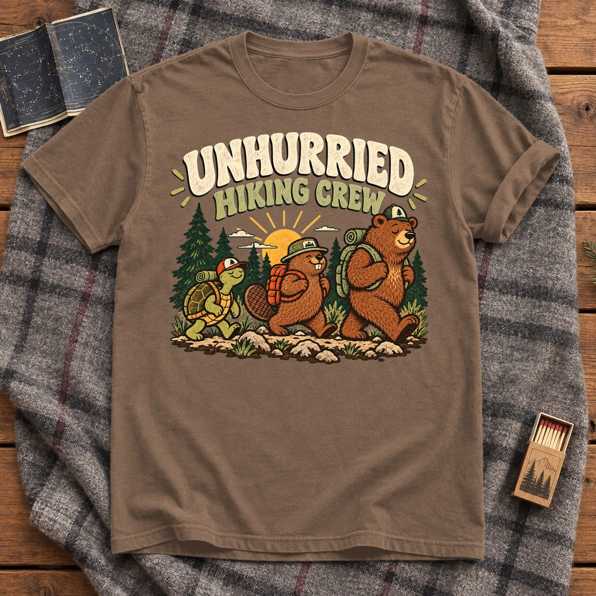 Unhurried Hiking Crew Graphic Tee on Espresso Premium Tee