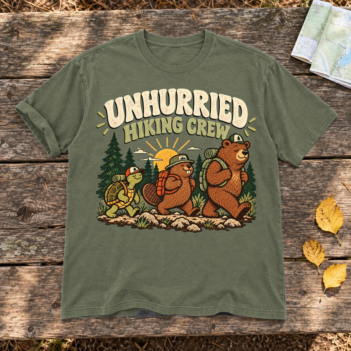 Unhurried Hiking Crew Graphic Tee on Moss Premium Tee