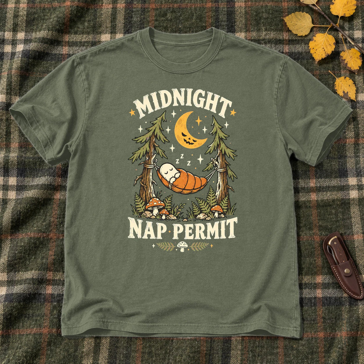 Midnight Nap Permit Ghost Graphic Tee on Military Green Everyday Soft Tee