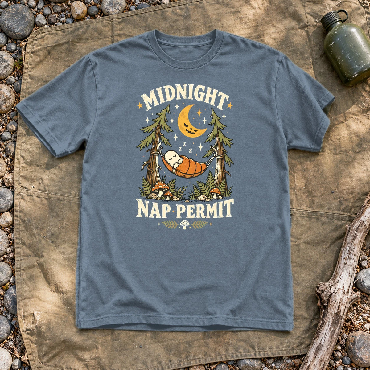 Midnight Nap Permit Ghost Graphic Tee on Heather Indigo Everyday Soft Tee
