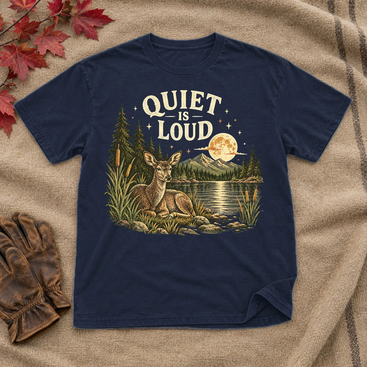 Quiet Is Loud Vintage Deer Graphic Tee on Navy Everyday Soft Tee