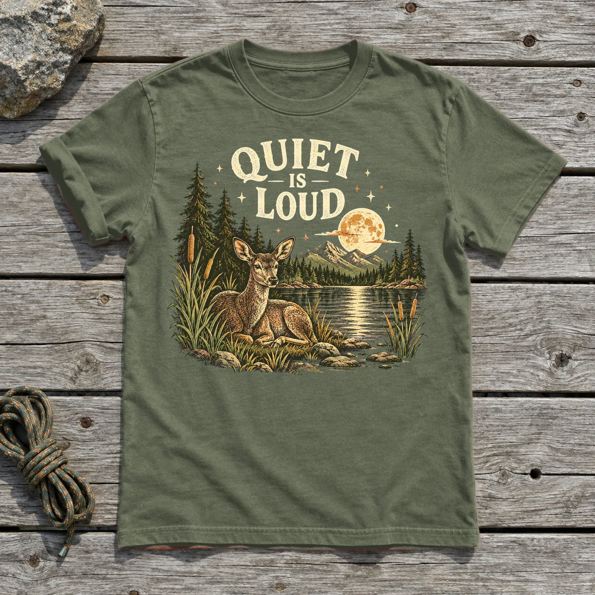 Quiet Is Loud Vintage Deer Graphic Tee on Military Green Everyday Soft Tee