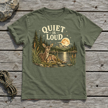 Quiet Is Loud Vintage Deer Graphic Tee on Military Green Everyday Soft Tee