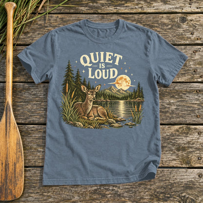 Quiet Is Loud Vintage Deer Graphic Tee on Heather Indigo Everyday Soft Tee