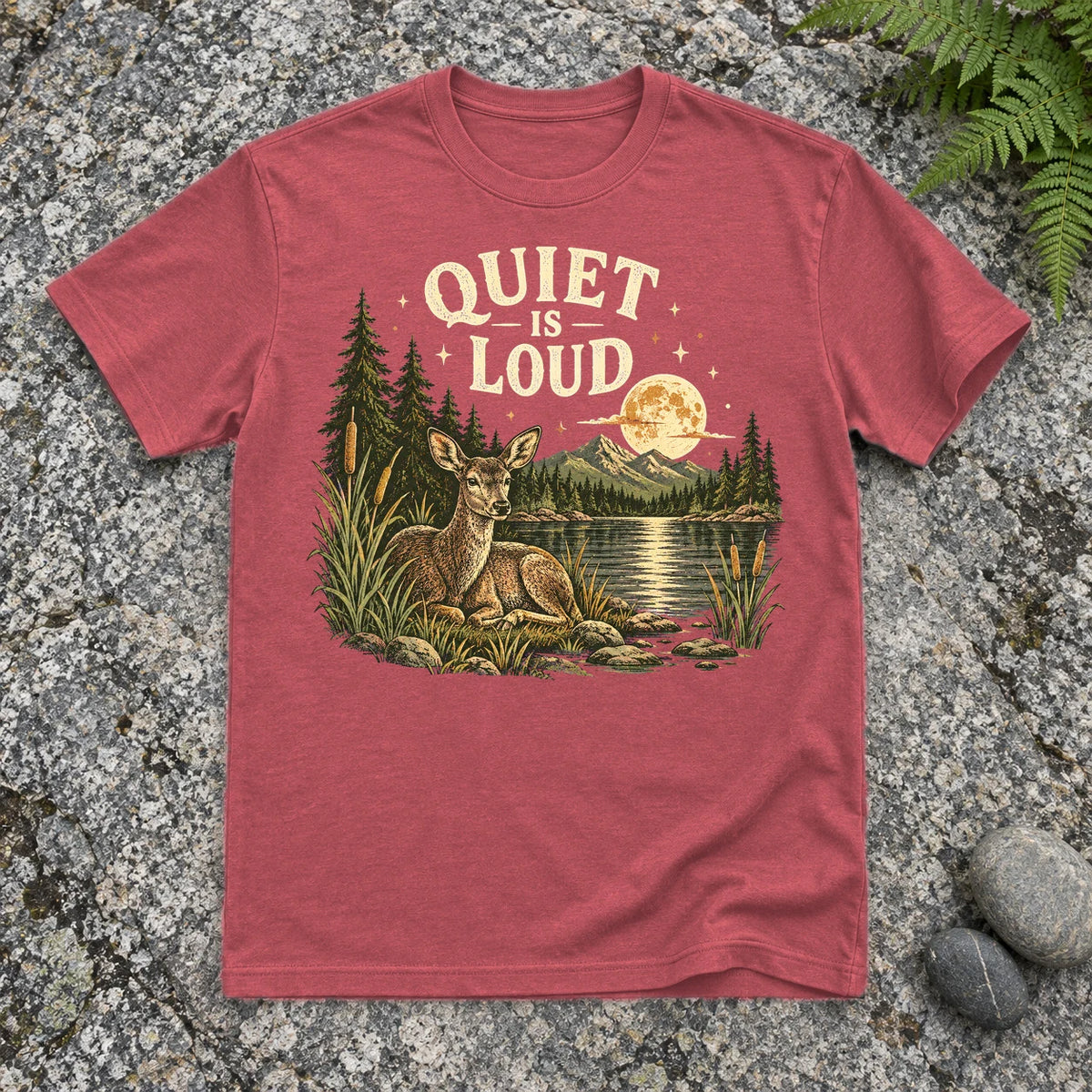 Quiet Is Loud Vintage Deer Graphic Tee on Heather Red Everyday Soft Tee
