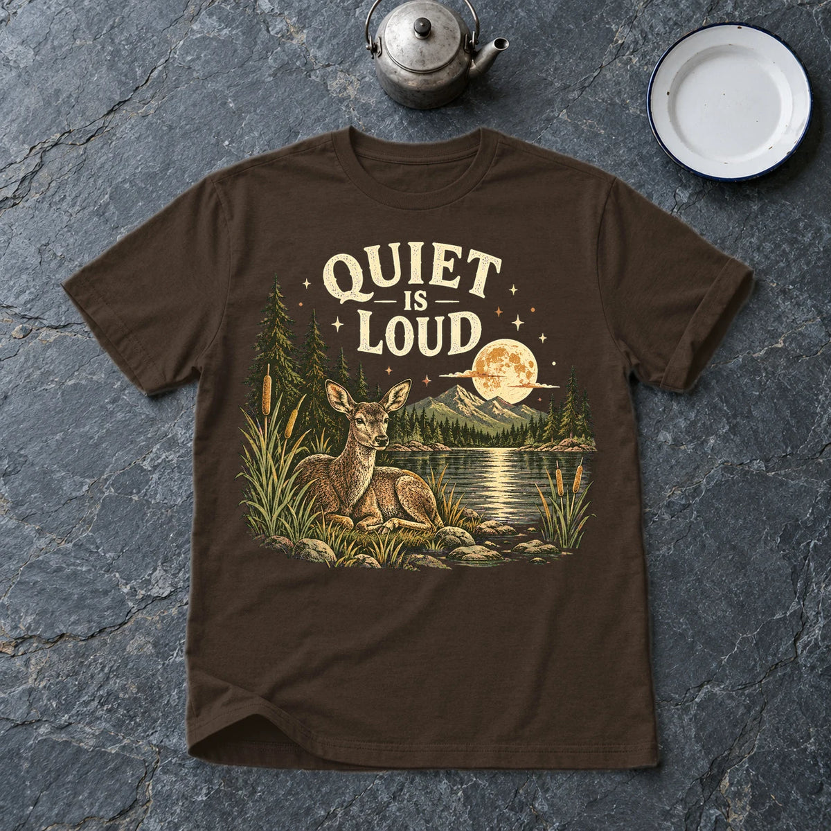 Quiet Is Loud Vintage Deer Graphic Tee on Dark Chocolate Everyday Soft Tee
