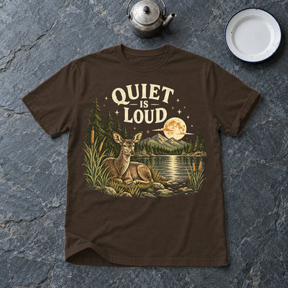 Quiet Is Loud Vintage Deer Graphic Tee on Dark Chocolate Everyday Soft Tee