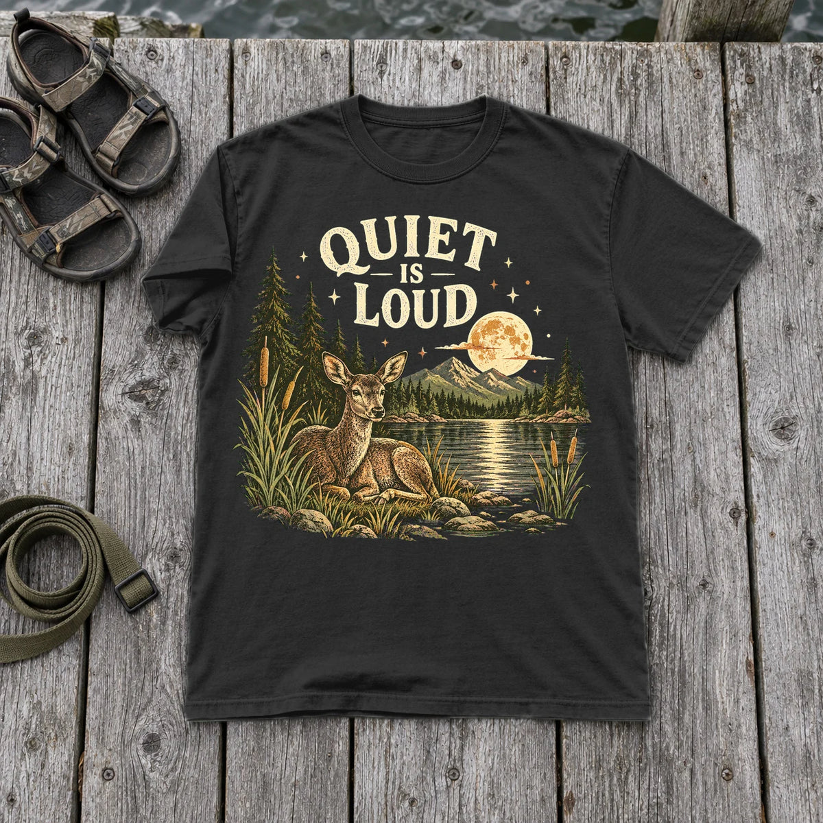 Quiet Is Loud Vintage Deer Graphic Tee on Black Premium Tee