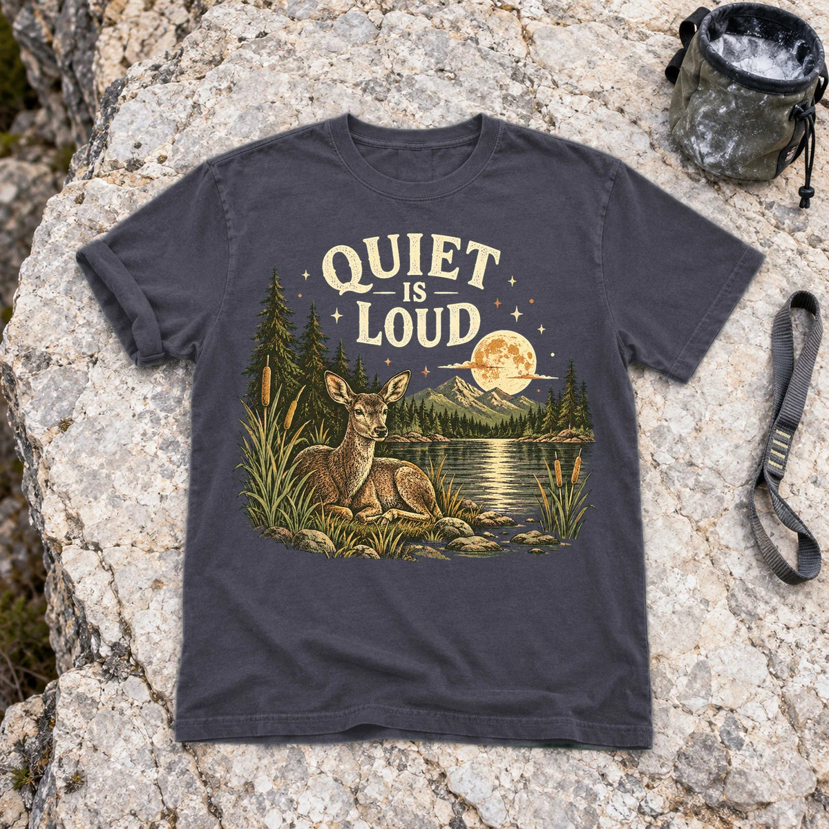 Quiet Is Loud Vintage Deer Graphic Tee on Navy Premium Tee