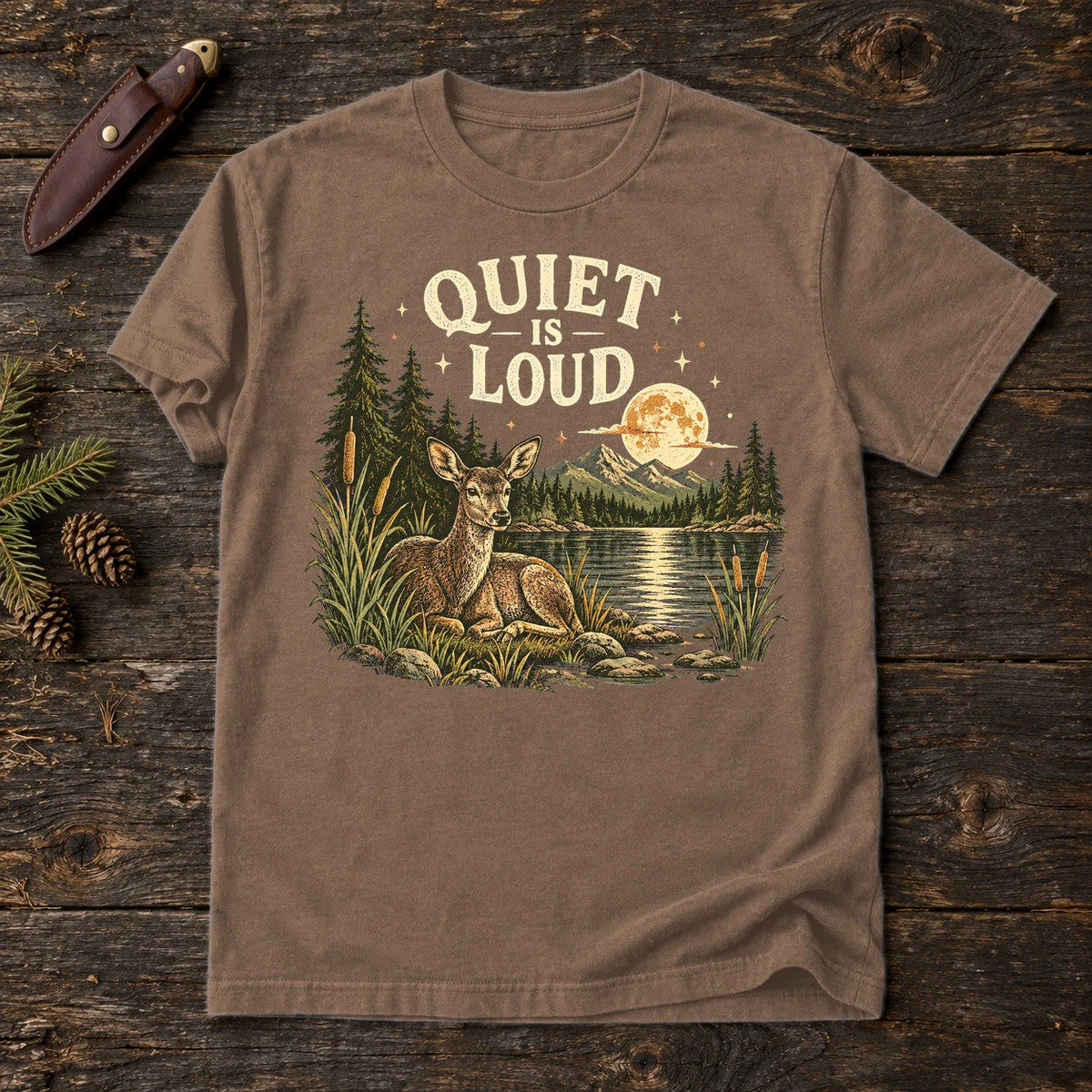 Quiet Is Loud Vintage Deer Graphic Tee on Espresso Premium Tee