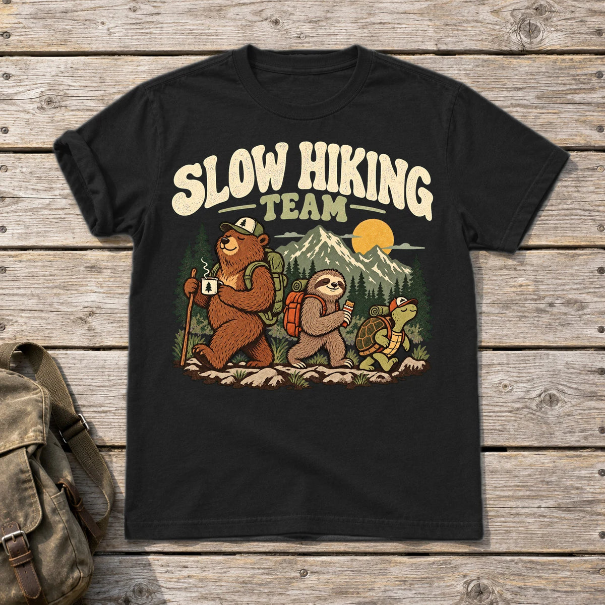 Slow Hiking Team Graphic Tee on Black Everyday Soft Tee