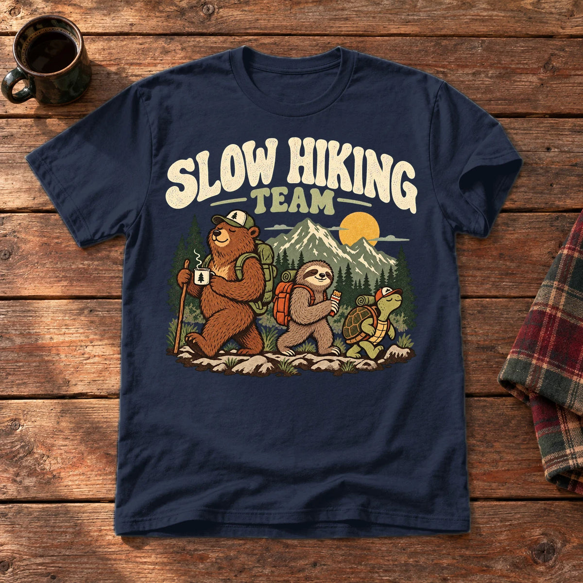 Slow Hiking Team Graphic Tee on Navy Everyday Soft Tee