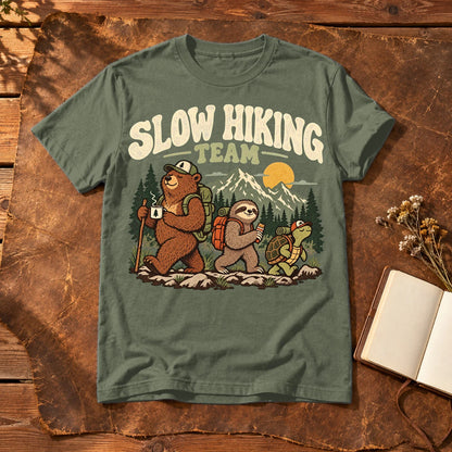 Slow Hiking Team Graphic Tee on Military Green Everyday Soft Tee