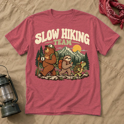Slow Hiking Team Graphic Tee on Heather Red Everyday Soft Tee