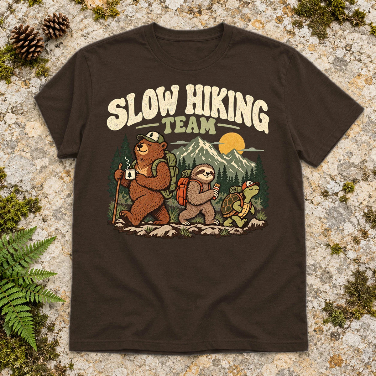 Slow Hiking Team Graphic Tee on Dark Chocolate Everyday Soft Tee