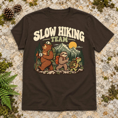 Slow Hiking Team Graphic Tee on Dark Chocolate Everyday Soft Tee