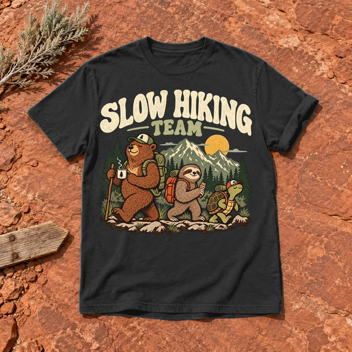 Slow Hiking Team Graphic Tee on Black Premium Tee