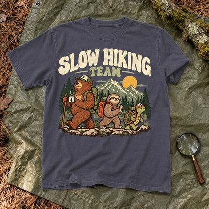 Slow Hiking Team Graphic Tee on Navy Premium Tee