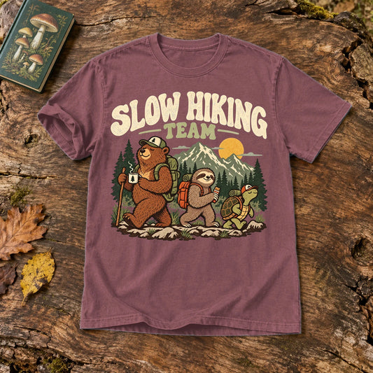Slow Hiking Team Graphic Tee on Brick Premium Tee