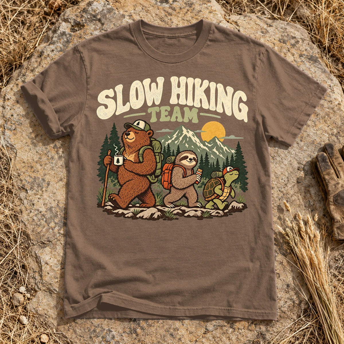 Slow Hiking Team Graphic Tee on Espresso Premium Tee