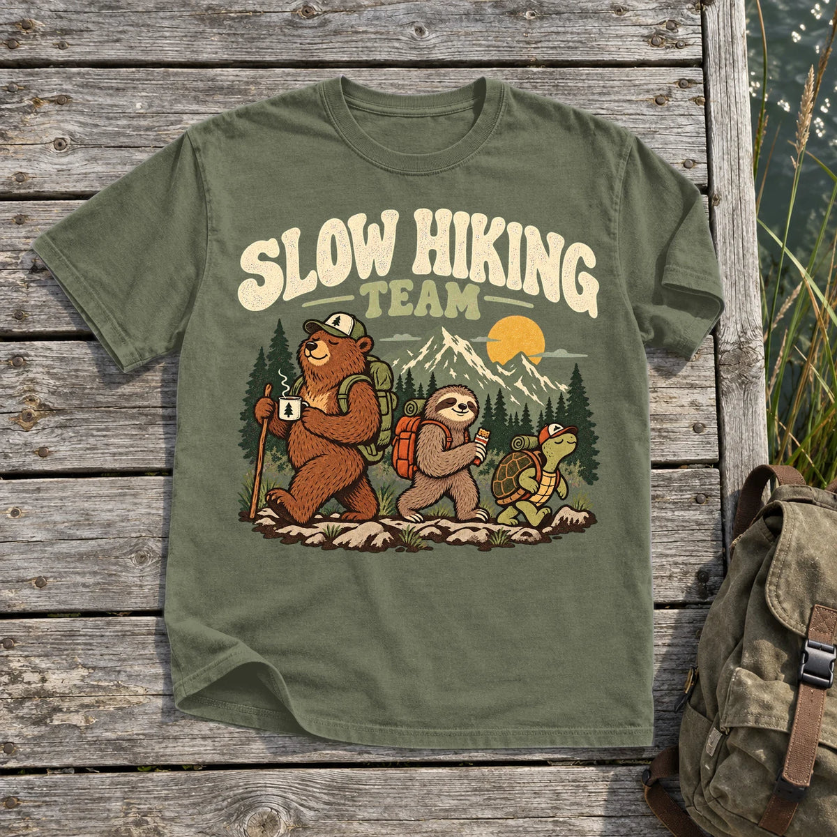 Slow Hiking Team Graphic Tee on Moss Premium Tee