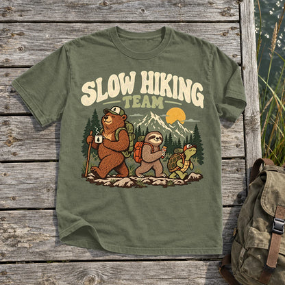 Slow Hiking Team Graphic Tee on Moss Premium Tee