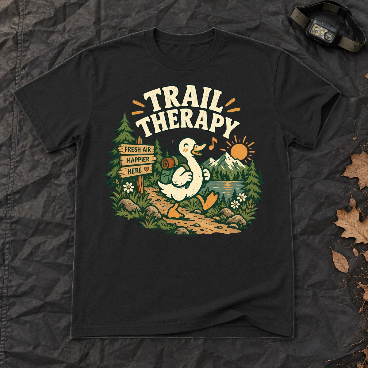 Trail Therapy Hiking Duck Graphic Tee on Black Everyday Soft Tee