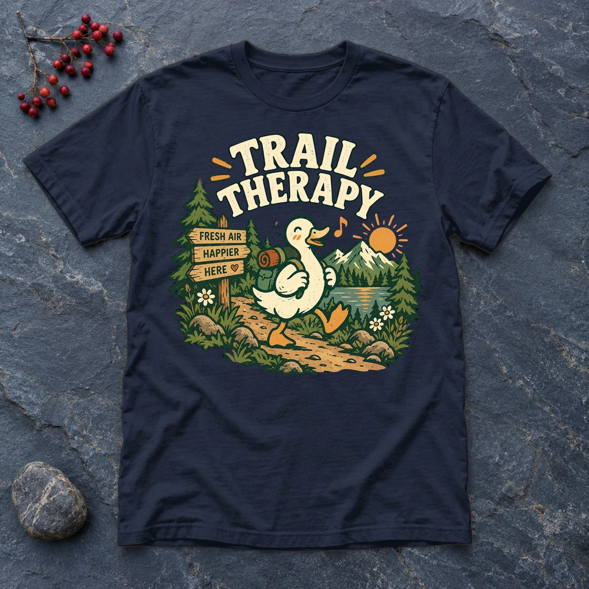 Trail Therapy Hiking Duck Graphic Tee on Navy Everyday Soft Tee