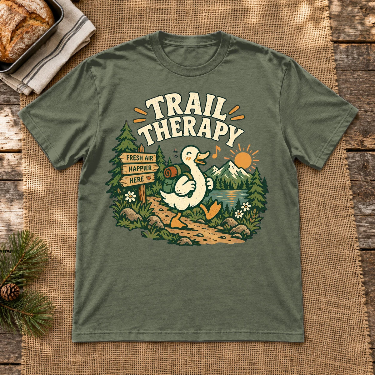 Trail Therapy Hiking Duck Graphic Tee on Military Green Everyday Soft Tee