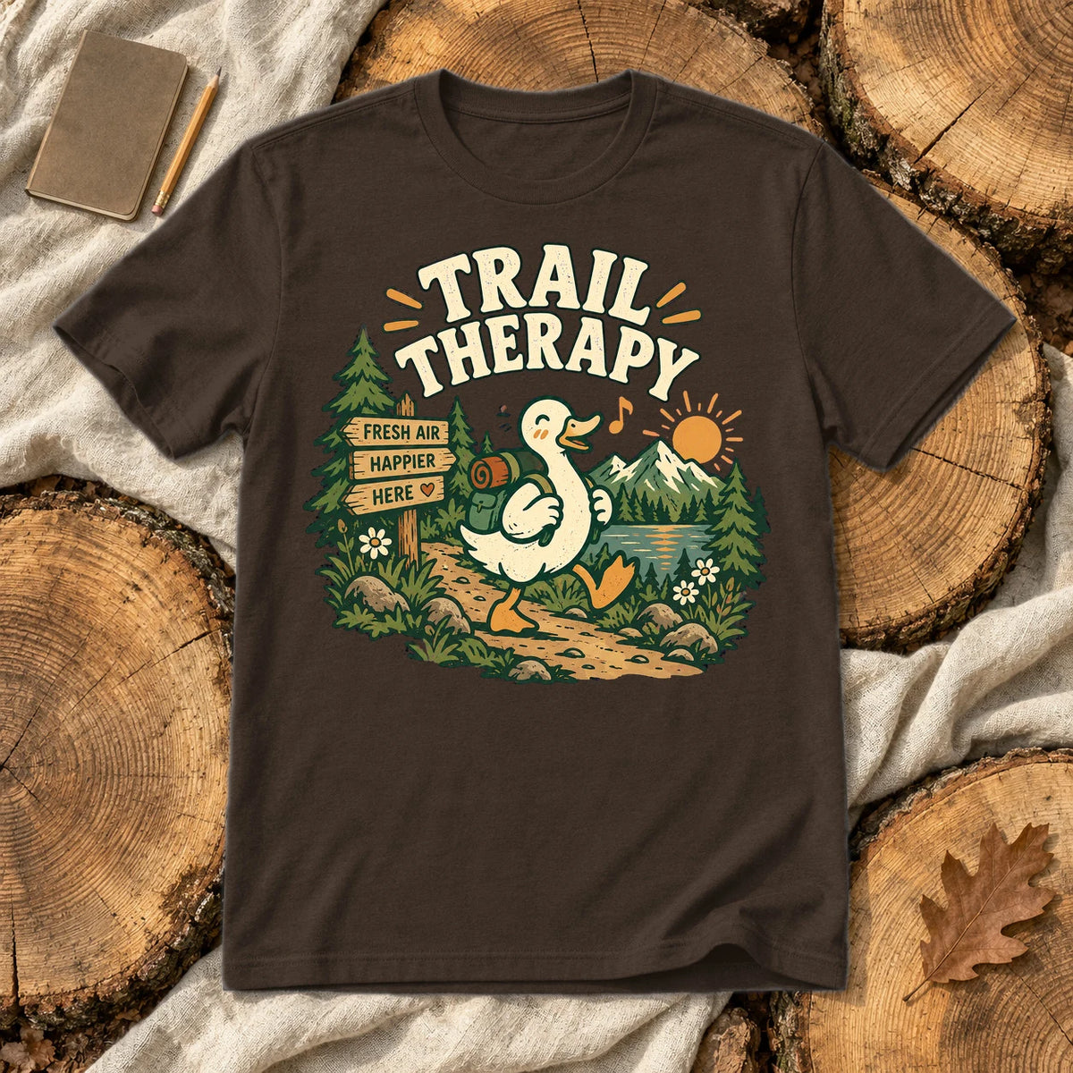 Trail Therapy Hiking Duck Graphic Tee on Dark Chocolate Everyday Soft Tee