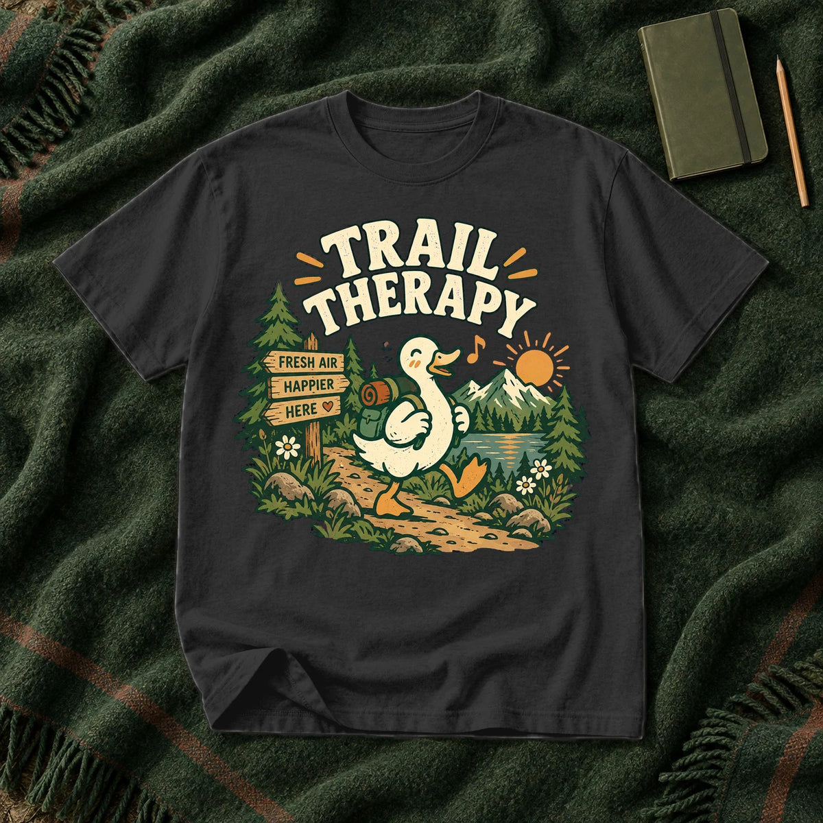 Trail Therapy Hiking Duck Graphic Tee on Black Premium Tee