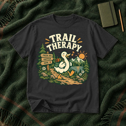Trail Therapy Hiking Duck Graphic Tee on Black Premium Tee