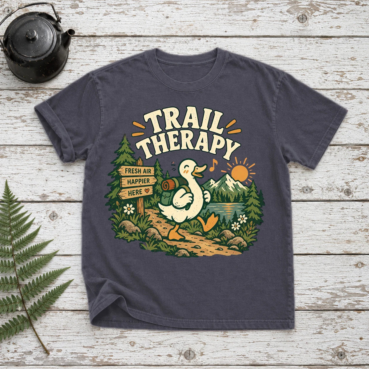 Trail Therapy Hiking Duck Graphic Tee on Navy Premium Tee