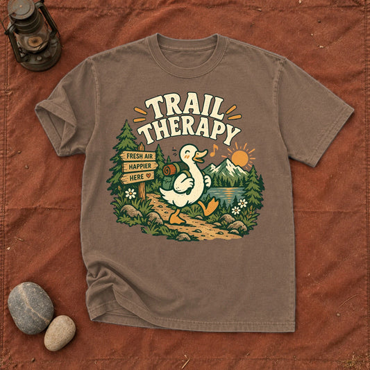 Trail Therapy Hiking Duck Graphic Tee on Espresso Premium Tee
