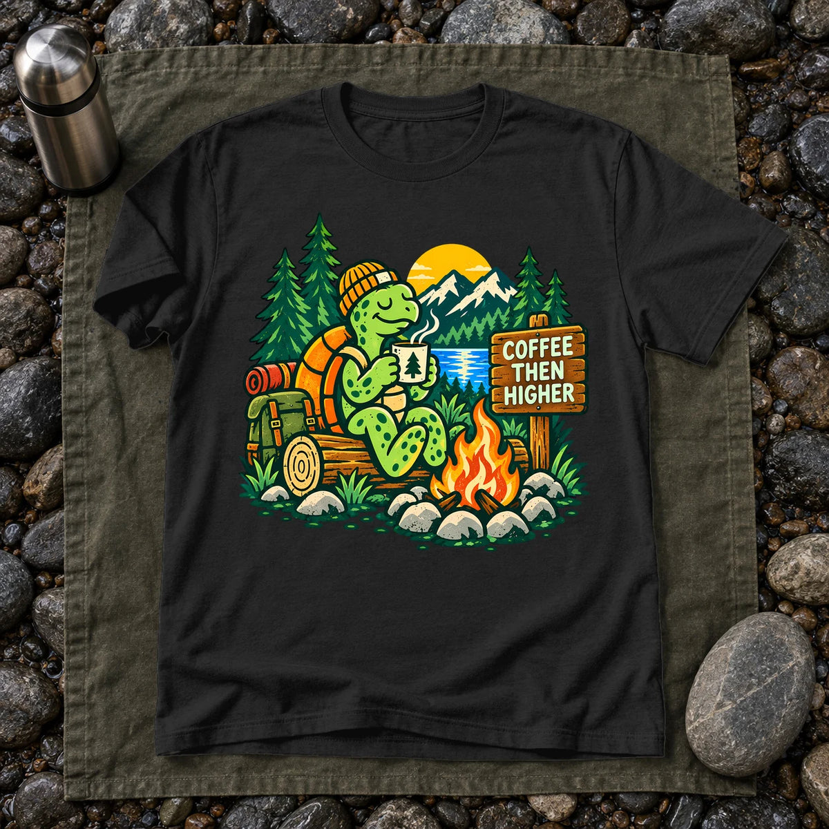 Coffee Then Higher Camp Graphic Tee on Black Everyday Soft Tee