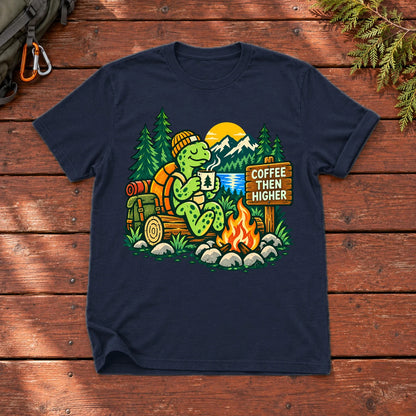 Coffee Then Higher Camp Graphic Tee on Navy Everyday Soft Tee
