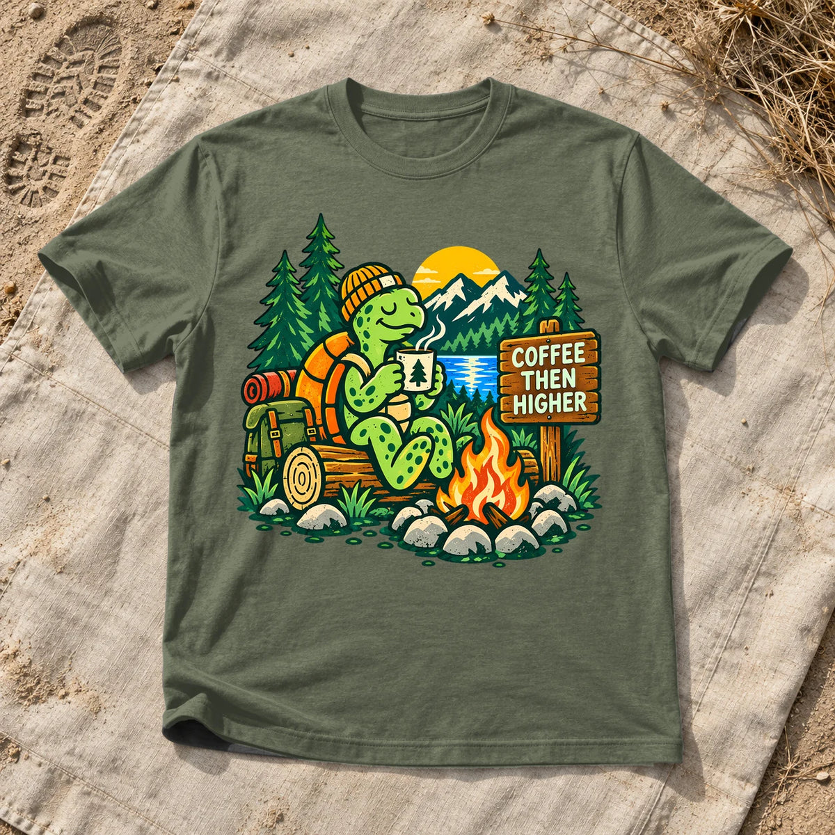Coffee Then Higher Camp Graphic Tee on Military Green Everyday Soft Tee