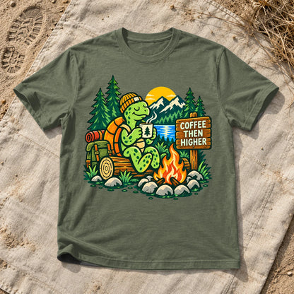 Coffee Then Higher Camp Graphic Tee on Military Green Everyday Soft Tee