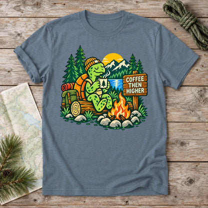 Coffee Then Higher Camp Graphic Tee on Heather Indigo Everyday Soft Tee