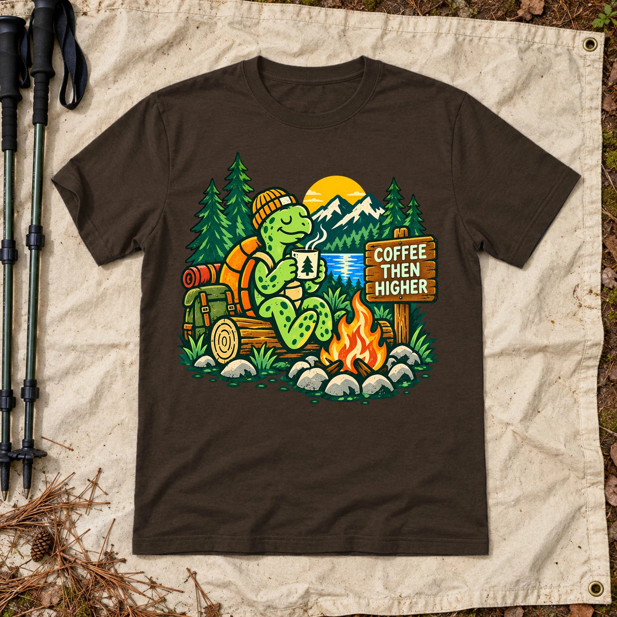 Coffee Then Higher Camp Graphic Tee on Dark Chocolate Everyday Soft Tee